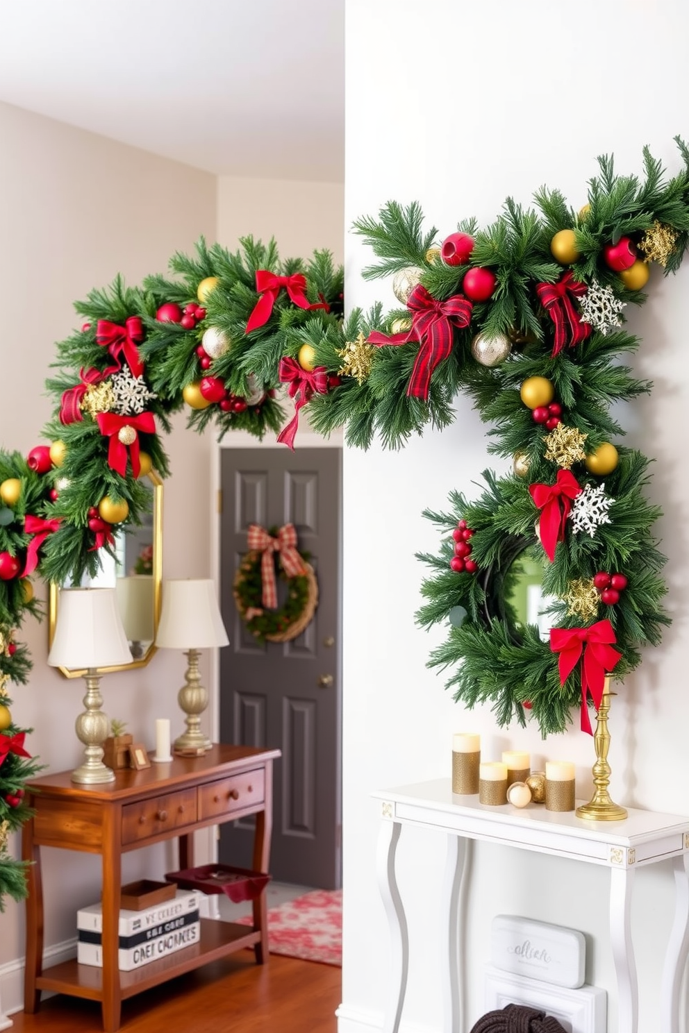 A festive garland is elegantly draped over the entryway, filled with vibrant colors and seasonal decorations. The entryway features a warm welcome with a stylish console table adorned with small decorative items and candles.