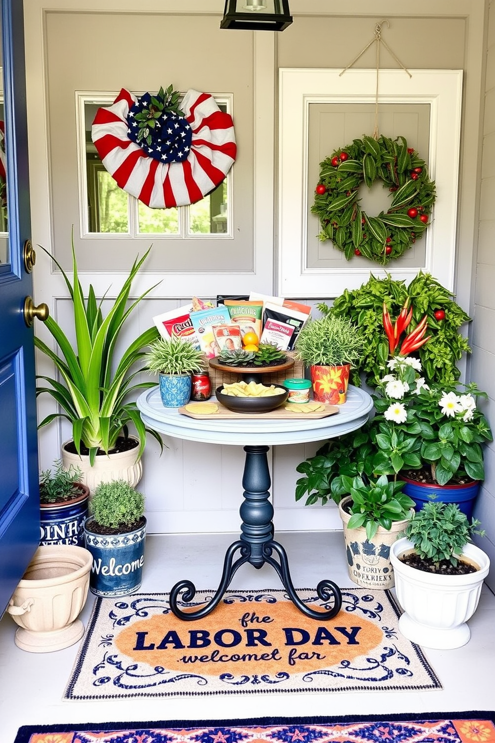 A charming entryway featuring a small round table adorned with a colorful display of seasonal snacks for Labor Day. The table is surrounded by a welcoming arrangement of potted plants and a decorative welcome mat that complements the festive theme.