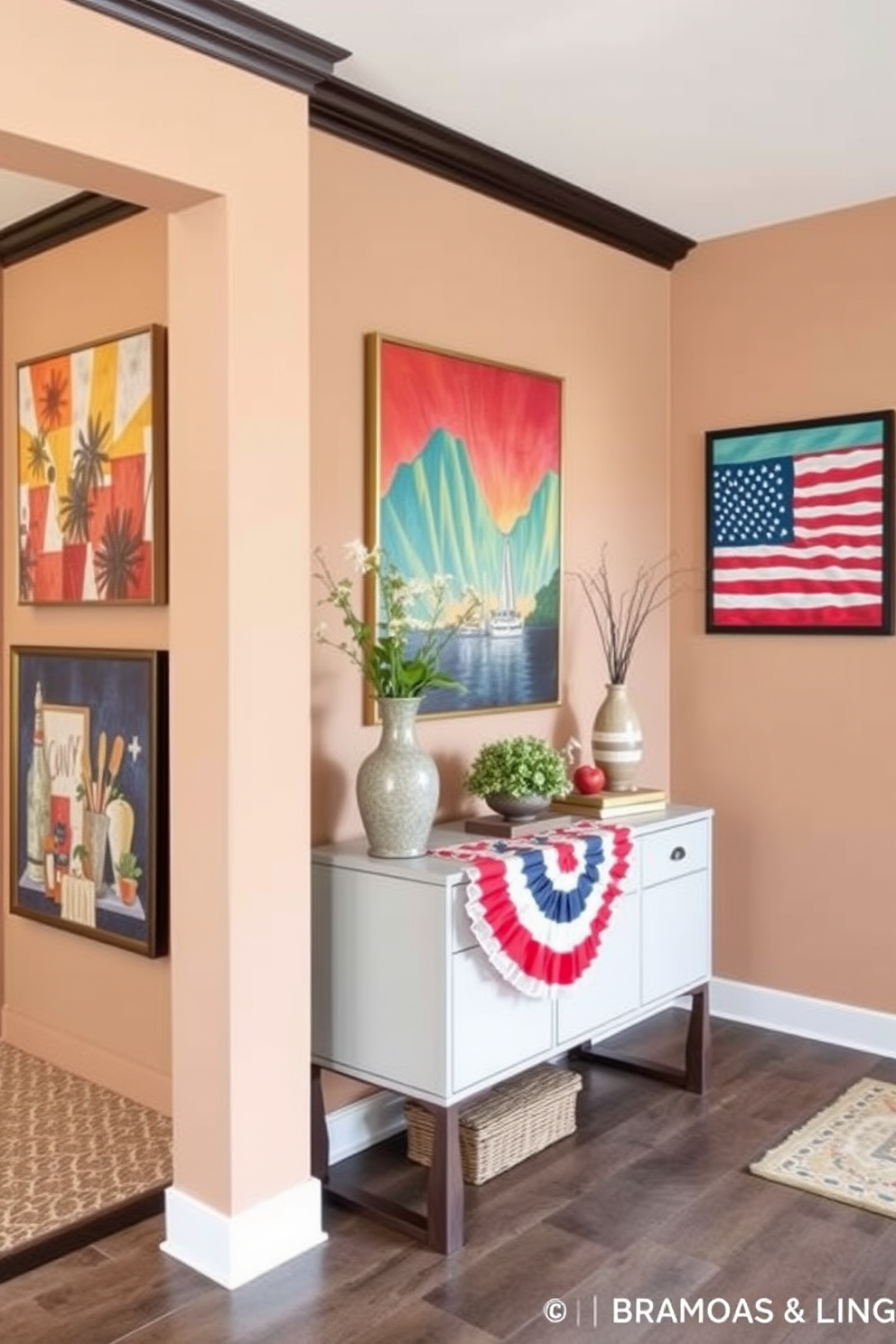 Seasonal artwork adorns the entryway walls, featuring vibrant pieces that celebrate the spirit of Labor Day. The space is inviting with a warm color palette, complemented by a stylish console table and decorative accents that reflect the holiday theme.