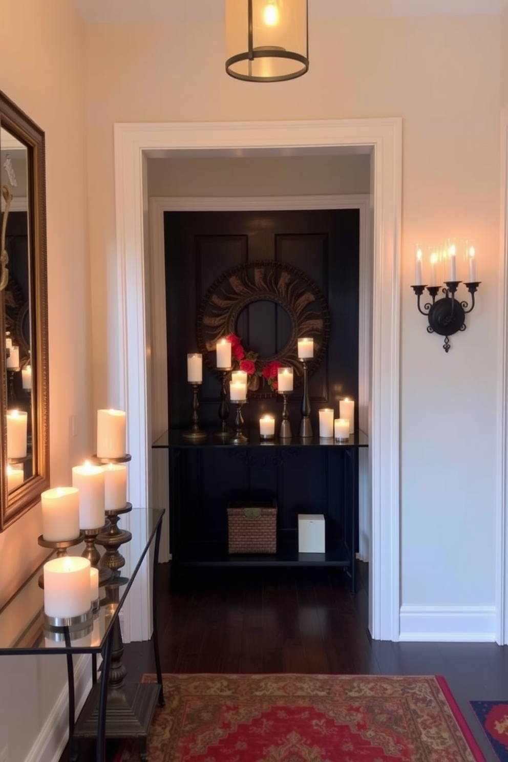 A welcoming entryway adorned with an array of candles placed in decorative holders. The soft glow from the candles creates a warm ambiance, complemented by a stylish console table and a vibrant area rug.