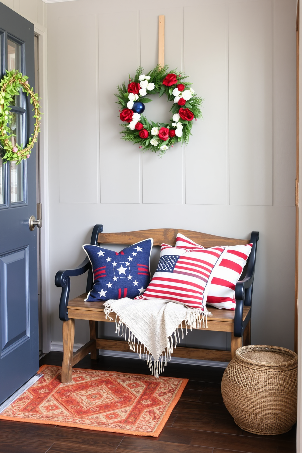 A seasonal wreath adorned with red white and blue elements hangs prominently on the front door. The entryway features a rustic bench with a cozy throw blanket and decorative pillows in patriotic colors.