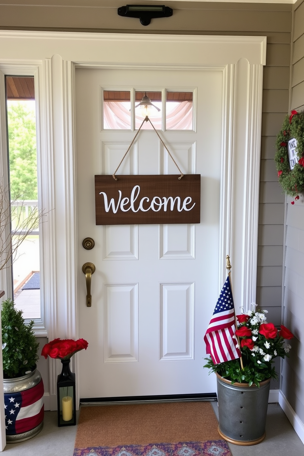 A charming wooden welcome sign hangs on the door, inviting guests into a warm and inviting space. The entryway features seasonal decorations celebrating Labor Day, with patriotic colors and themed accents that create a festive atmosphere.