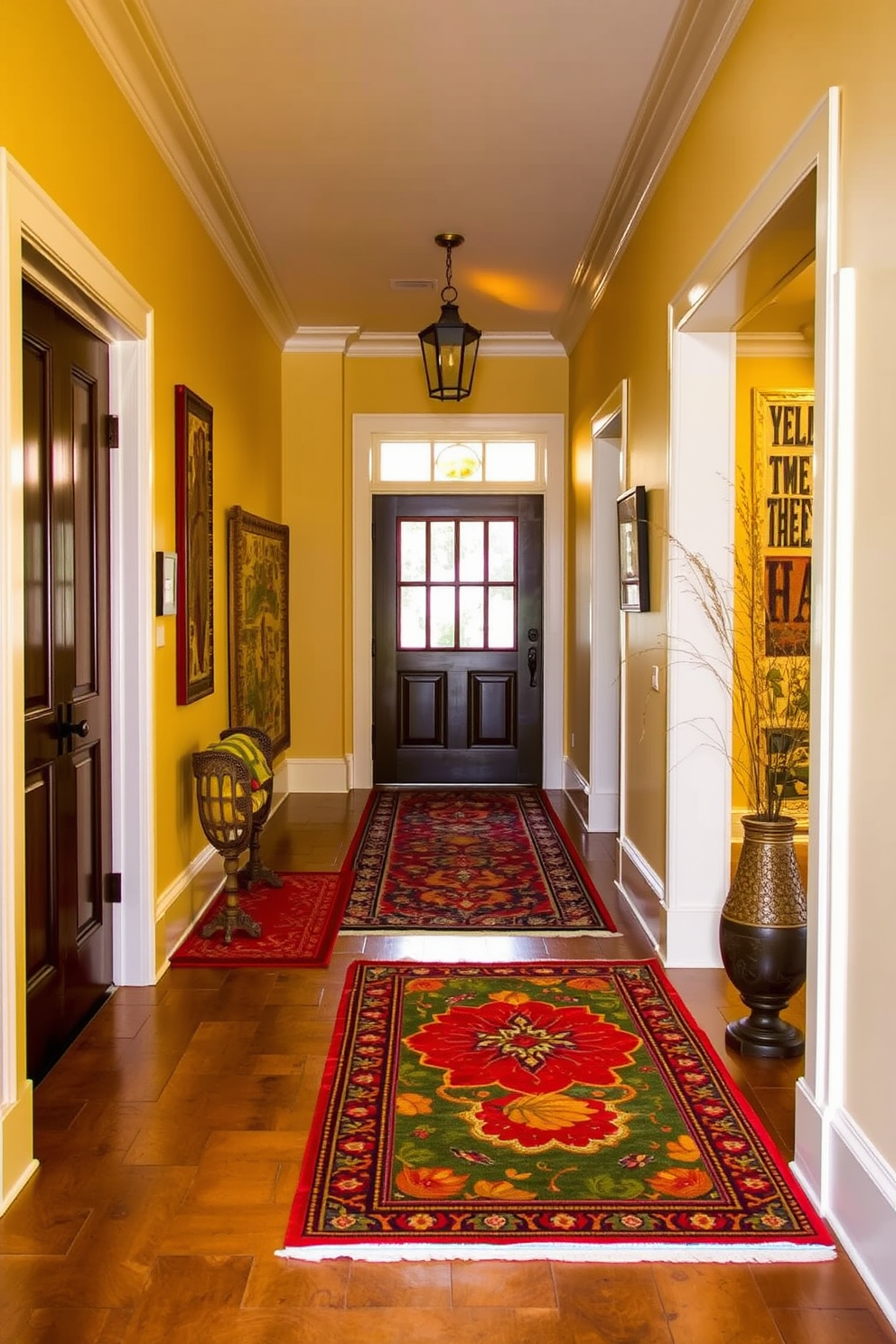 A vibrant entryway adorned with colorful rugs featuring intricate fall patterns. The space is enhanced with warm lighting, creating an inviting atmosphere that welcomes guests.