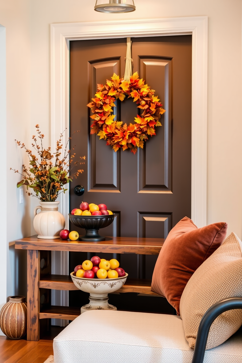 A beautifully arranged entryway featuring decorative bowls filled with seasonal fruits. The bowls are placed on a rustic wooden console table, complemented by a vibrant autumn wreath hanging on the door. Soft lighting illuminates the space, highlighting the rich colors of the fruits and the warm tones of the decor. A cozy bench is positioned nearby, adorned with plush cushions in earthy hues for added comfort and style.