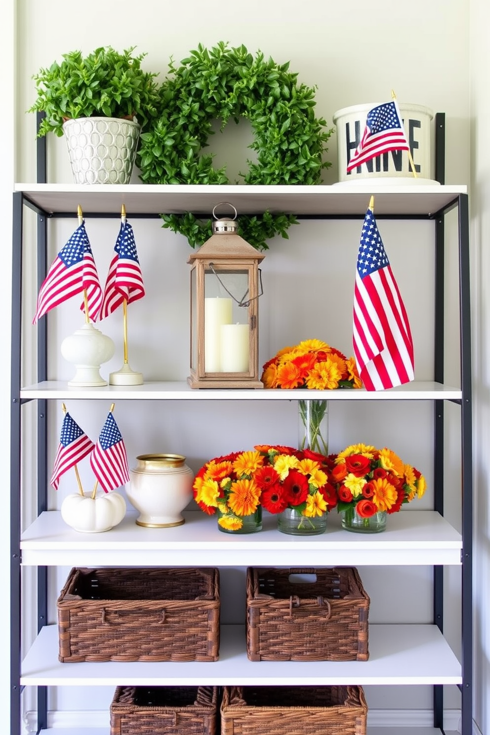 A welcoming entryway adorned with family photos in patriotic frames that celebrate national pride. The space features a rustic console table beneath a large mirror, with a vibrant runner and potted plants enhancing the inviting atmosphere.