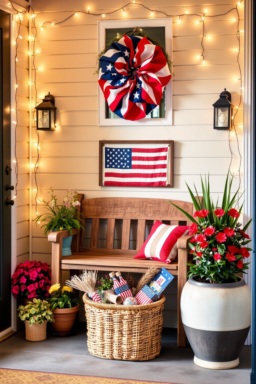 A cozy entryway adorned with string lights that cast a warm, inviting glow. The space features a rustic wooden bench against the wall, complemented by a collection of vibrant potted plants on either side. A festive Labor Day theme is incorporated with red, white, and blue accents throughout the decor. A woven basket filled with seasonal decorations sits at the foot of the bench, enhancing the welcoming atmosphere.