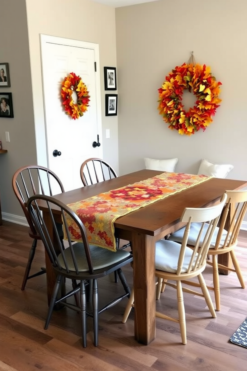 A seasonal table runner adorned with vibrant patterns is elegantly draped across a rustic wooden dining table. Surrounding the table are mismatched chairs, each with its own unique charm, creating a warm and inviting atmosphere. In the entryway, a welcoming display features a colorful wreath made of autumn leaves hanging on the door. A small bench with plush cushions sits beneath a wall adorned with framed family photos, adding a personal touch to the space.