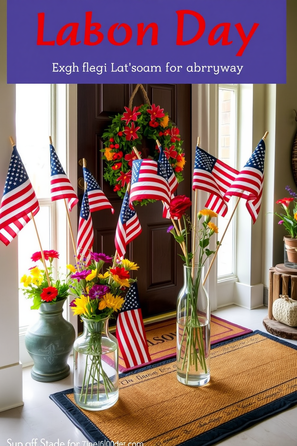 An elegant entryway table is adorned with a decorative tray that holds a collection of candles and a small potted plant. The wall behind the table is painted in a soft beige tone, and a large round mirror hangs above, reflecting natural light into the space. For Labor Day, the table is styled with seasonal decor, including small flags and a rustic vase filled with sunflowers. Cozy throw pillows in red and white are placed on a nearby bench, enhancing the festive atmosphere.