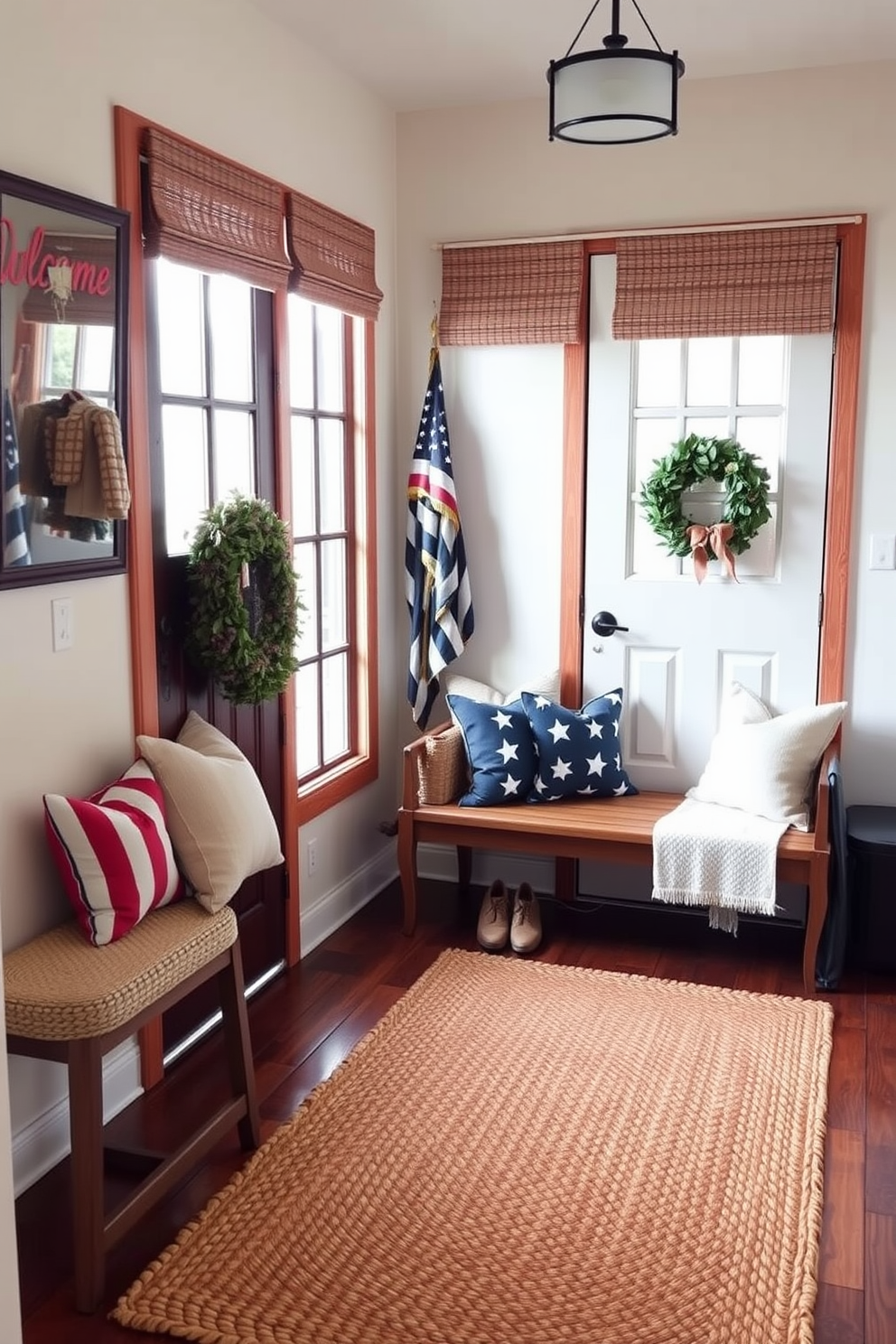 A welcoming entryway adorned with pillows featuring a stars and stripes design. The floor is covered with a cozy woven rug, and a wooden bench sits against the wall, inviting guests to sit and remove their shoes.