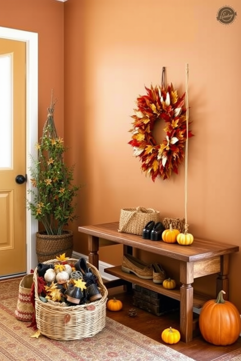 A cozy entryway adorned with an autumn theme. A woven basket filled with assorted shoes sits beside a rustic wooden bench, surrounded by colorful leaves and small pumpkins. The walls are painted in warm earth tones, creating a welcoming atmosphere. A decorative wreath made of dried leaves hangs on the door, inviting guests into the seasonal charm.