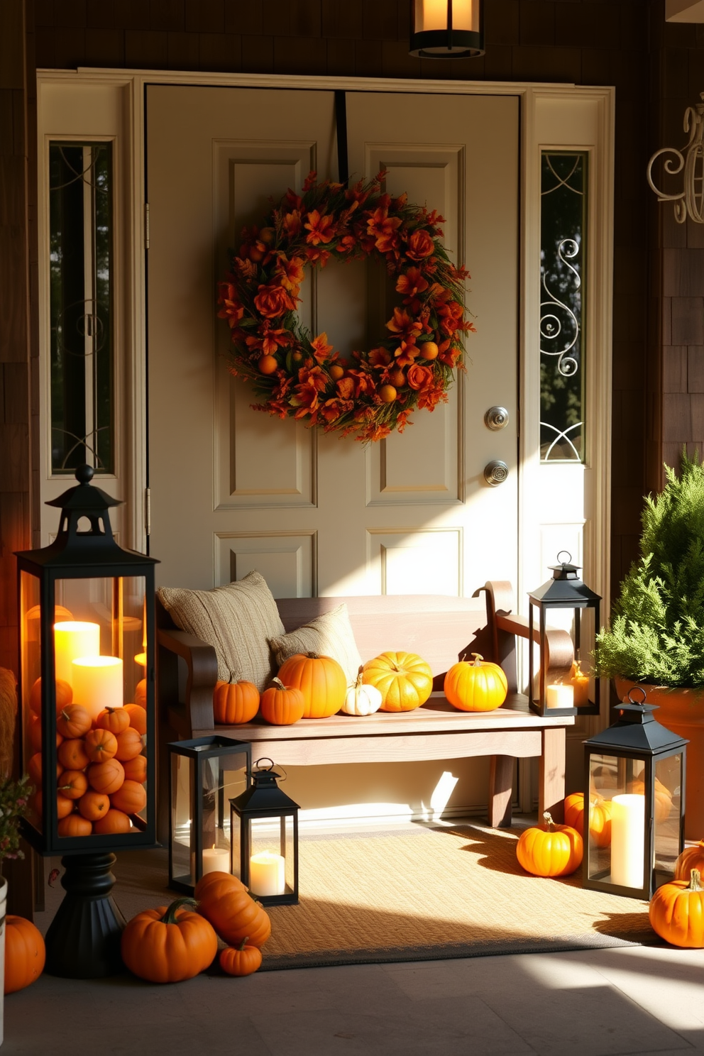 A warm and inviting entryway adorned with lanterns filled with mini pumpkins. The soft glow of the lanterns casts a cozy light on a rustic wooden bench, complemented by a vibrant autumn wreath on the door.