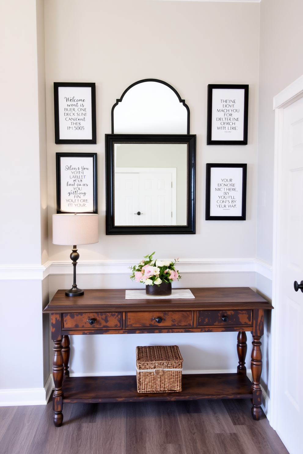 A welcoming entryway adorned with seasonal quotes framed elegantly on the walls. The decor features a rustic console table topped with a small bouquet of fresh flowers and a stylish mirror above it.