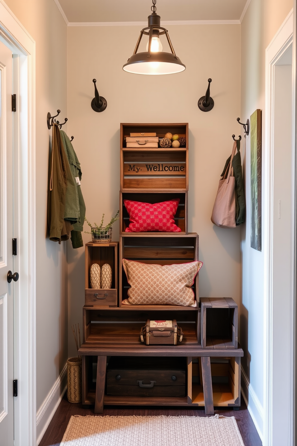 A charming entryway featuring vintage wooden crates used as stylish storage solutions. The crates are stacked in a creative arrangement, displaying colorful throw pillows and seasonal decor for a welcoming touch. The walls are adorned with rustic hooks for hanging jackets and bags, while a small bench provides a cozy seating area. Soft lighting from a pendant fixture illuminates the space, enhancing the vintage aesthetic.