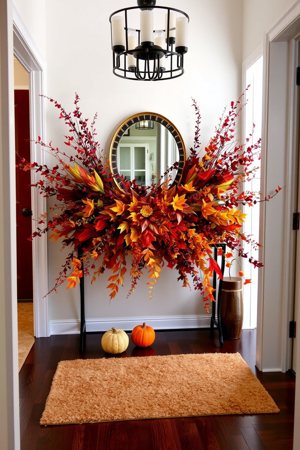 A stunning entryway adorned with a floral arrangement featuring rich autumn hues. The arrangement includes deep reds, burnt oranges, and golden yellows, creating a warm and inviting atmosphere. At the entrance, a stylish console table is placed against the wall, topped with a decorative mirror. A cozy rug in earthy tones lies beneath, enhancing the seasonal theme and welcoming guests into the home.