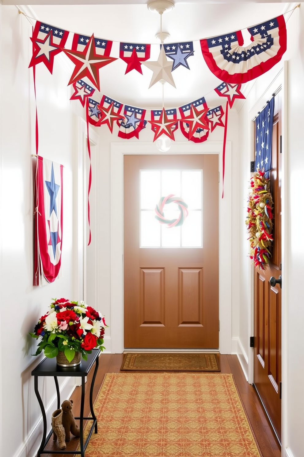 A festive entryway adorned with hanging stars and stripes banners in vibrant red, white, and blue. The floor is covered with a welcoming woven rug, and a small table displays a bouquet of fresh flowers in patriotic colors.