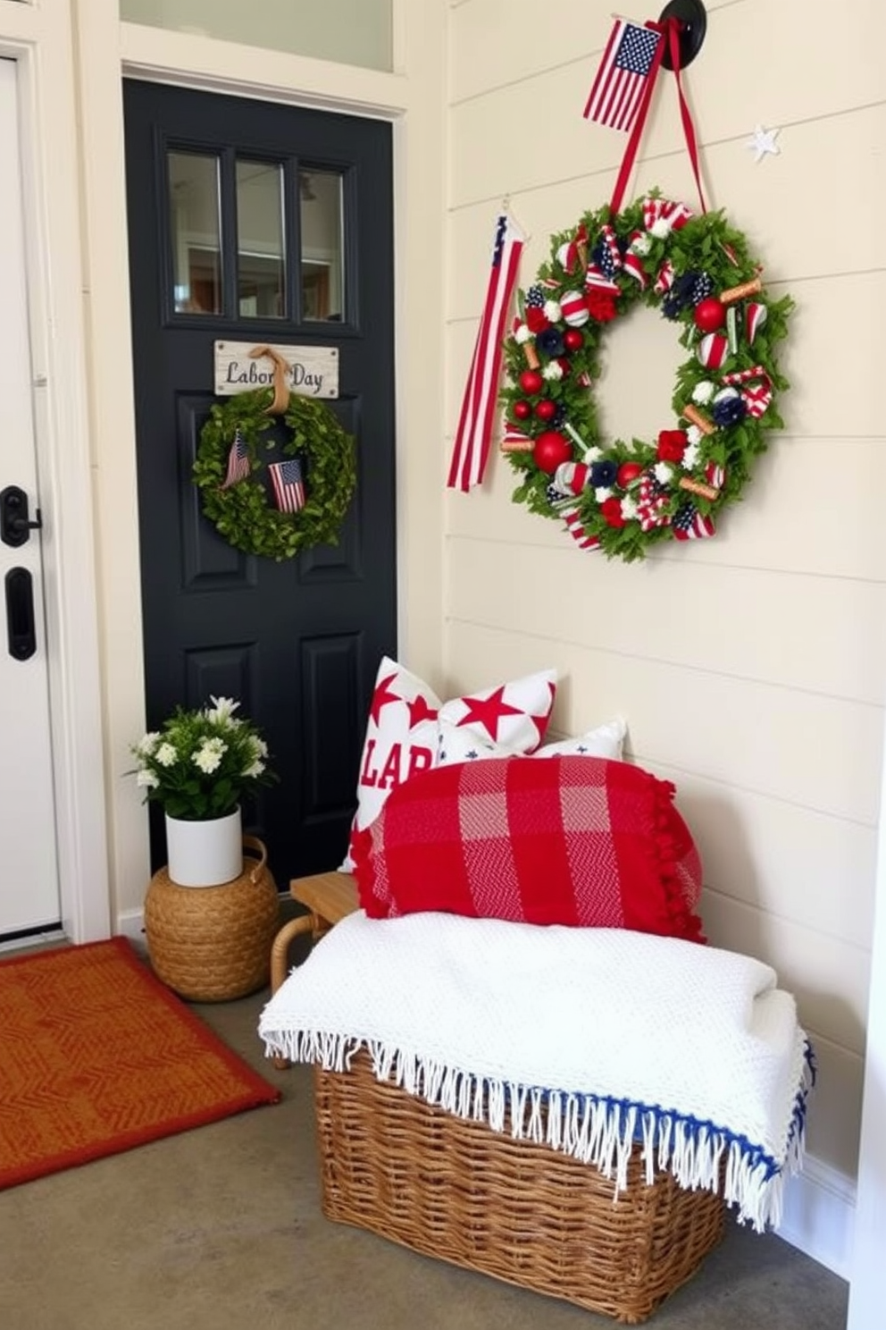 Cozy throw blankets are neatly arranged in a woven basket placed in the corner of a welcoming entryway. The entryway features warm, neutral tones with a rustic wooden bench and a few decorative pillows to enhance the inviting atmosphere. Labor Day decorations adorn the space with subtle nods to the holiday, including small flags and seasonal accents. A cheerful wreath hangs on the door, creating a festive and friendly first impression for guests.