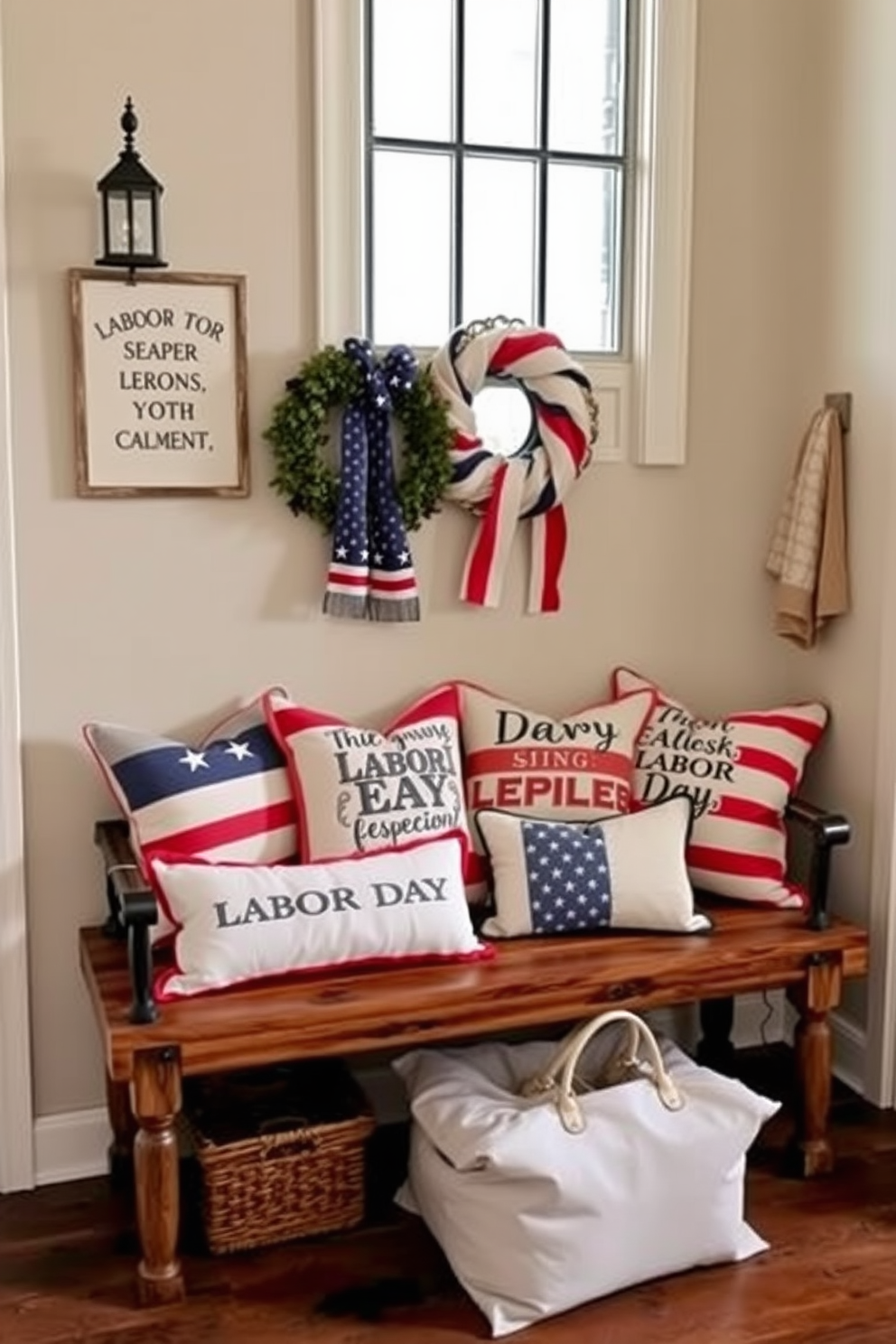 A welcoming entryway adorned with decorative pillows featuring seasonal sayings related to Labor Day. The pillows are arranged on a stylish bench made of reclaimed wood, complemented by a warm, inviting color palette of red, white, and blue.