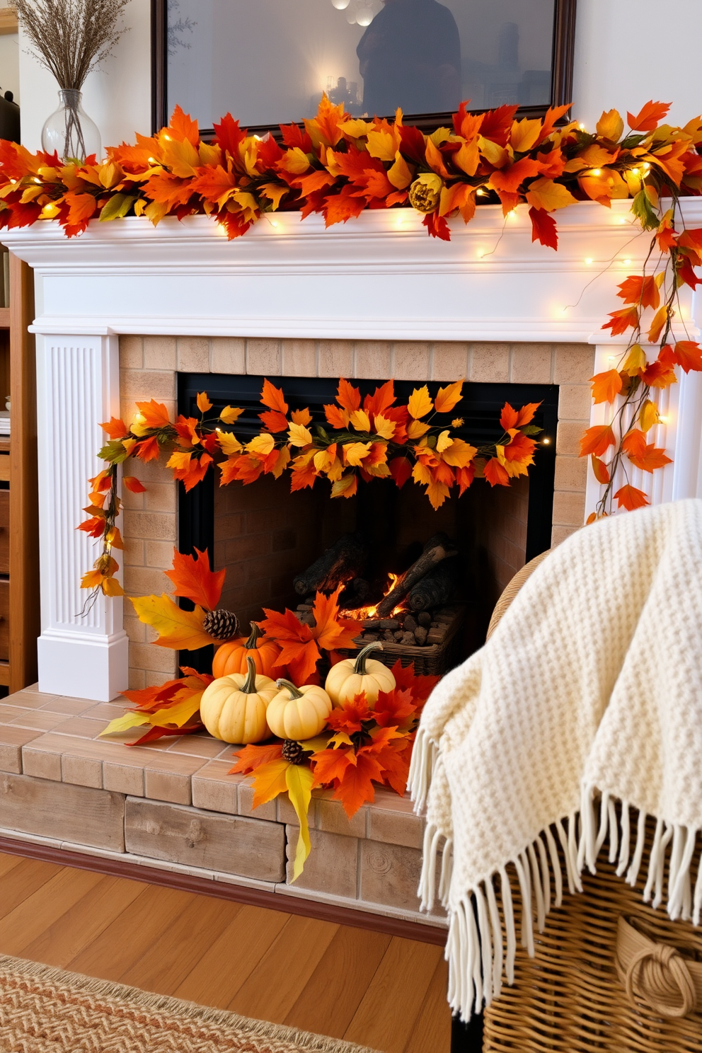 Cozy autumn leaves arrangement on mantel. A collection of vibrant orange and yellow leaves is artfully arranged with small pumpkins and pinecones on a rustic wooden mantelpiece. Labor Day fireplace decorating ideas. The fireplace is adorned with a garland of autumn foliage and twinkling fairy lights, complemented by a set of cozy blankets draped over the nearby seating.