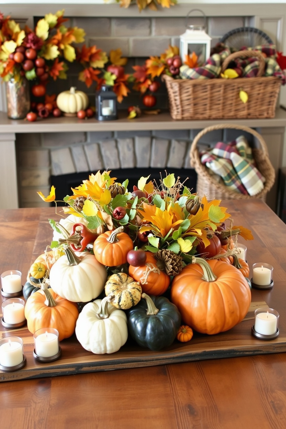 Create a harvest-themed centerpiece featuring an assortment of colorful gourds and pumpkins arranged on a rustic wooden table. Surround the centerpieces with small candles in varying heights to enhance the warm, seasonal ambiance. Design a cozy fireplace setting for Labor Day with a mantel adorned with autumn leaves and seasonal decorations. Incorporate small lanterns and a woven basket filled with plaid blankets to create an inviting atmosphere.