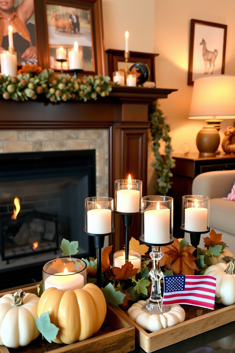 A cozy living room setting featuring a stylish fireplace adorned with elegant candles in glass holders. The flickering flames create a warm ambiance, while seasonal decorations celebrate Labor Day with tasteful autumn accents.