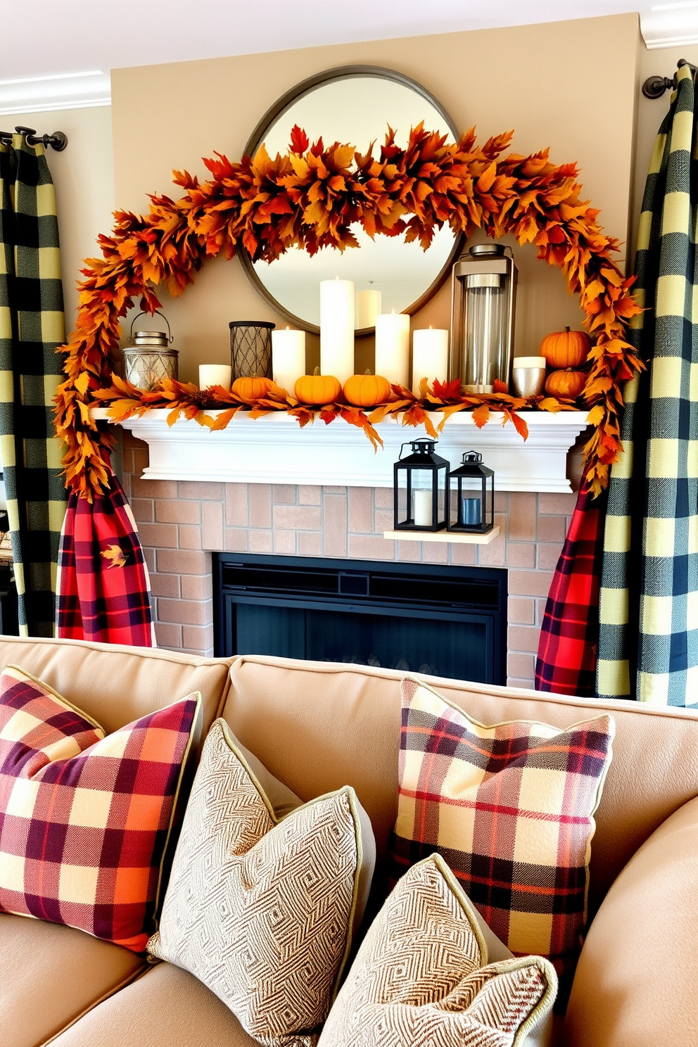 A cozy living room adorned with plaid patterns in warm autumn colors. The fireplace is decorated with a garland of leaves and small pumpkins, creating a welcoming seasonal atmosphere. The mantel features a collection of rustic lanterns and candles in varying heights. Plush throw pillows with plaid designs are scattered across the sofa, inviting relaxation and comfort.