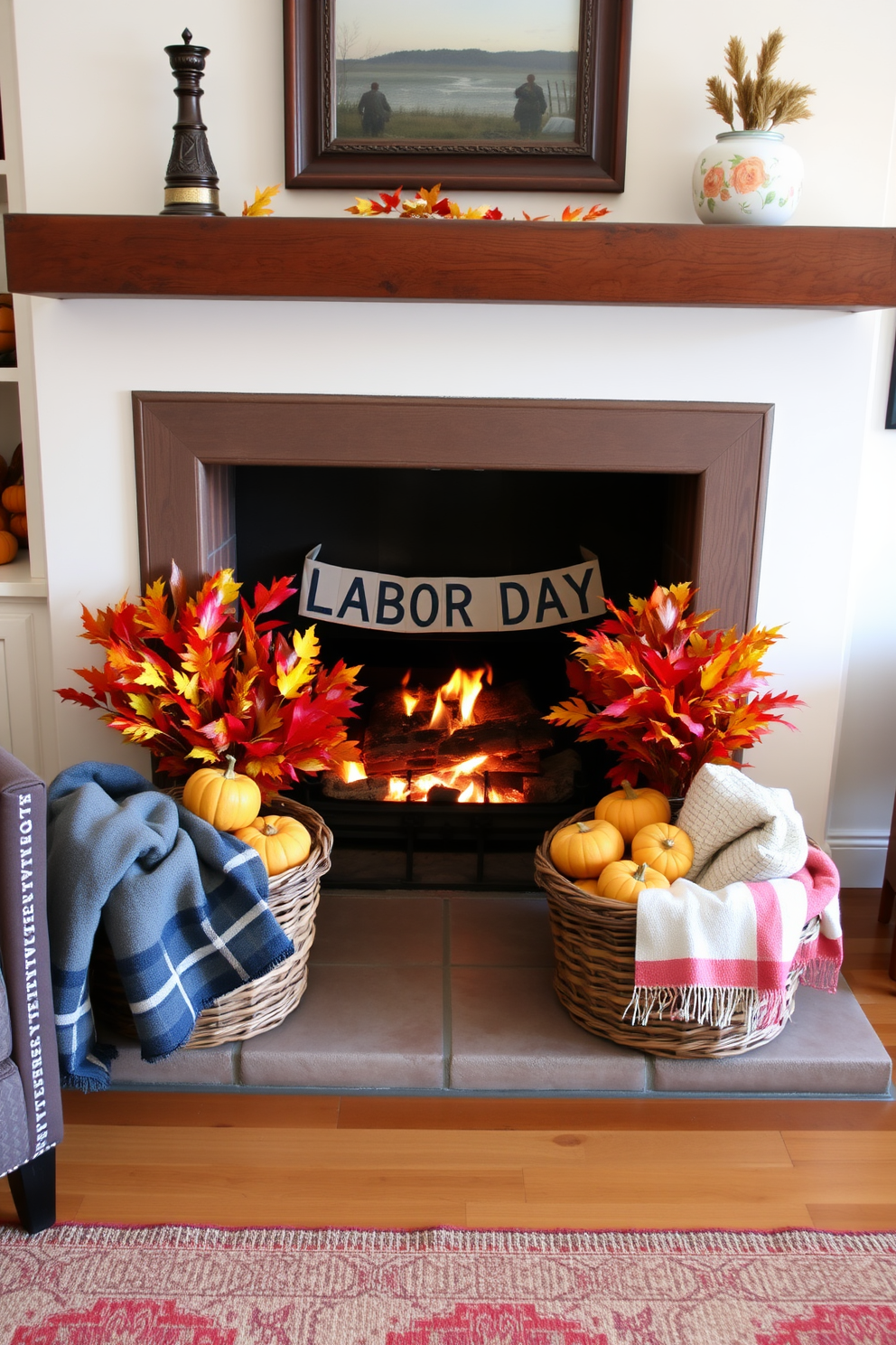 A cozy living room featuring a rustic fireplace adorned with seasonal decorations for Labor Day. The mantel is decorated with woven baskets filled with autumn leaves and small pumpkins, creating a warm and inviting atmosphere. The fireplace is surrounded by a comfortable seating area with plush armchairs and a soft area rug. Warm lighting enhances the inviting ambiance, while a few decorative throw pillows add texture and color to the space.