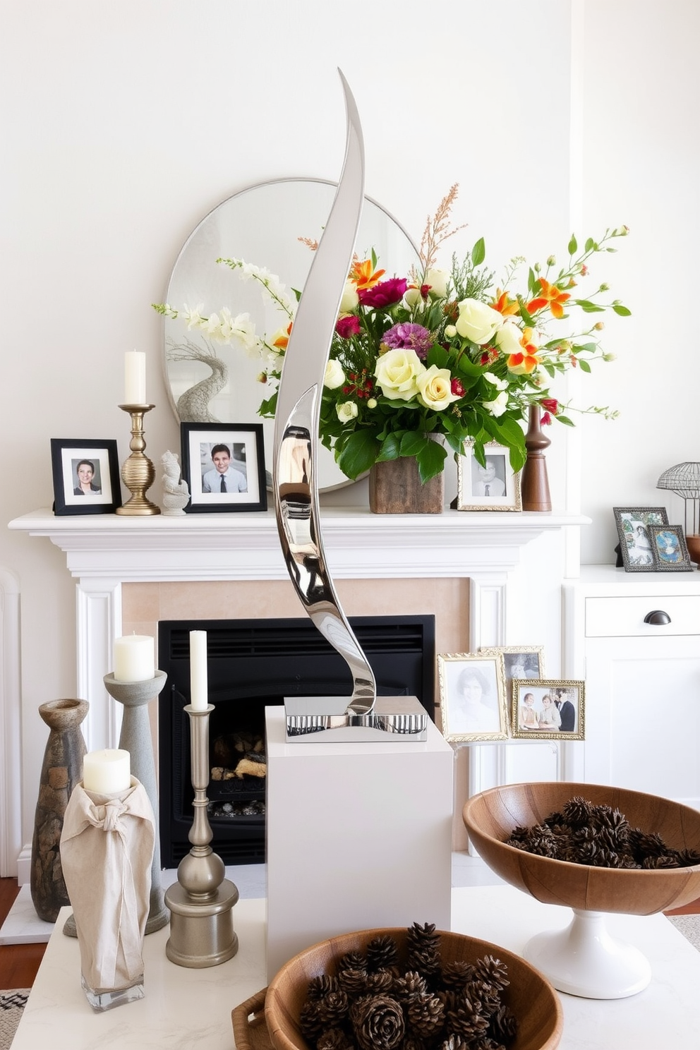 Artistic sculptures for visual interest. A sleek modern sculpture made of polished metal stands prominently on a minimalist pedestal in the center of the room. Surrounding it are various smaller sculptures crafted from stone and glass, creating a dynamic interplay of textures and forms. Labor Day fireplace decorating ideas. The fireplace is adorned with a stylish arrangement of seasonal flowers in a rustic vase, complemented by a few tasteful candles of varying heights. On the mantel, a collection of framed family photos and a decorative bowl filled with pinecones adds a warm and inviting touch.