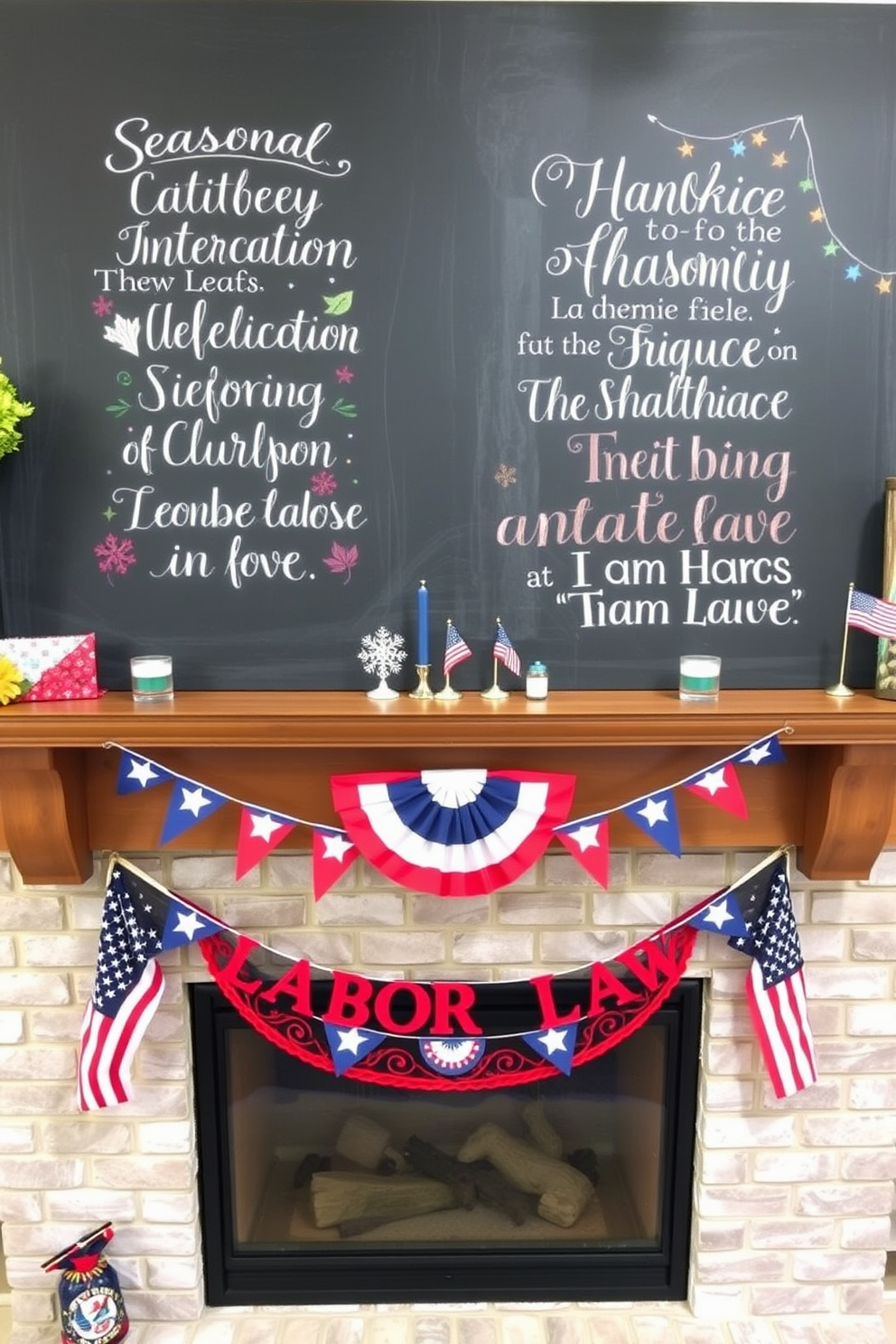 Chalkboard art featuring seasonal quotes is a creative way to celebrate the changing seasons. The design includes hand-lettered phrases that capture the essence of each season, surrounded by whimsical illustrations of leaves, flowers, or snowflakes. For Labor Day, the fireplace is adorned with patriotic decorations that reflect the holiday's spirit. The mantel displays red, white, and blue accents, including bunting, small flags, and seasonal candles, creating a warm and inviting atmosphere.