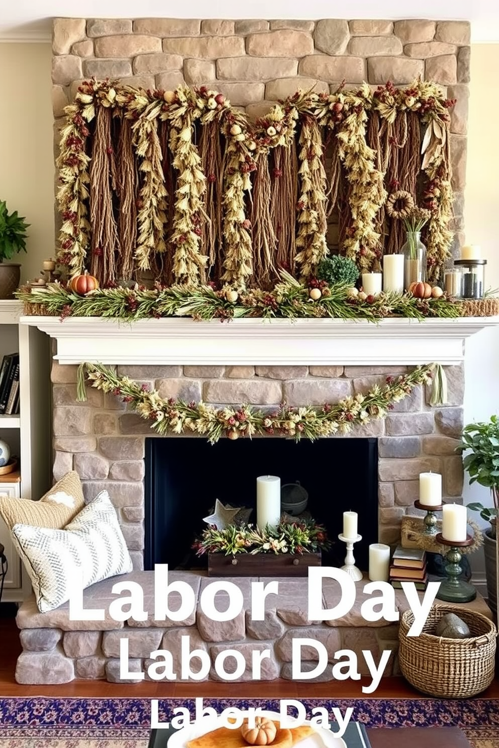 A cozy living room setting featuring a rustic fireplace adorned with hanging garlands of dried flowers. The mantel is decorated with seasonal accents and candles, creating a warm and inviting atmosphere for Labor Day celebrations.