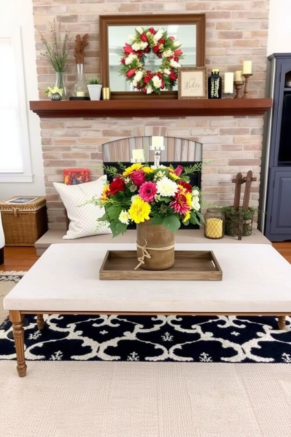 A cozy living room setting featuring a beautifully styled fireplace. The mantel is adorned with ceramic vases filled with dried flowers in warm autumn tones. On the hearth, there are decorative pumpkins and candles arranged artfully. Soft throw blankets drape over a plush sofa, inviting relaxation and comfort.