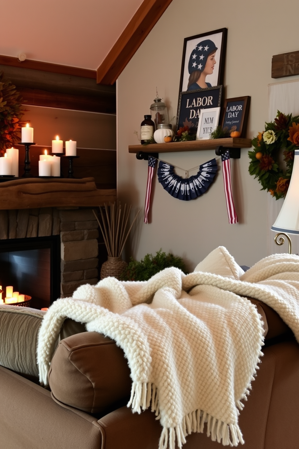 A cozy living room featuring rustic wooden accents and a warm fireplace. Candles of various heights are arranged on the mantel, casting a soft glow that enhances the inviting atmosphere. The walls are adorned with seasonal decor that celebrates Labor Day, incorporating elements like small American flags and autumn-themed artwork. Plush throw blankets are draped over a comfortable sofa, inviting relaxation and warmth.