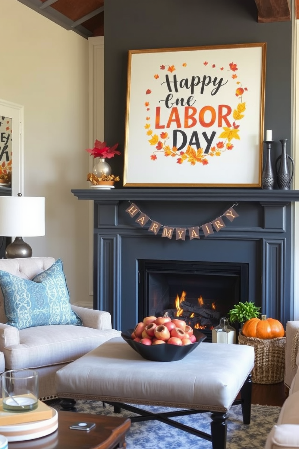 A cozy living room adorned for Labor Day features a rustic fireplace as the focal point. The mantel is decorated with seasonal elements like small American flags, pumpkins, and candles, creating a festive atmosphere. Soft fairy lights are draped around the fireplace, adding a warm and inviting glow. Plush throw blankets and cushions in red, white, and blue hues are scattered across a comfortable sofa, enhancing the holiday spirit.