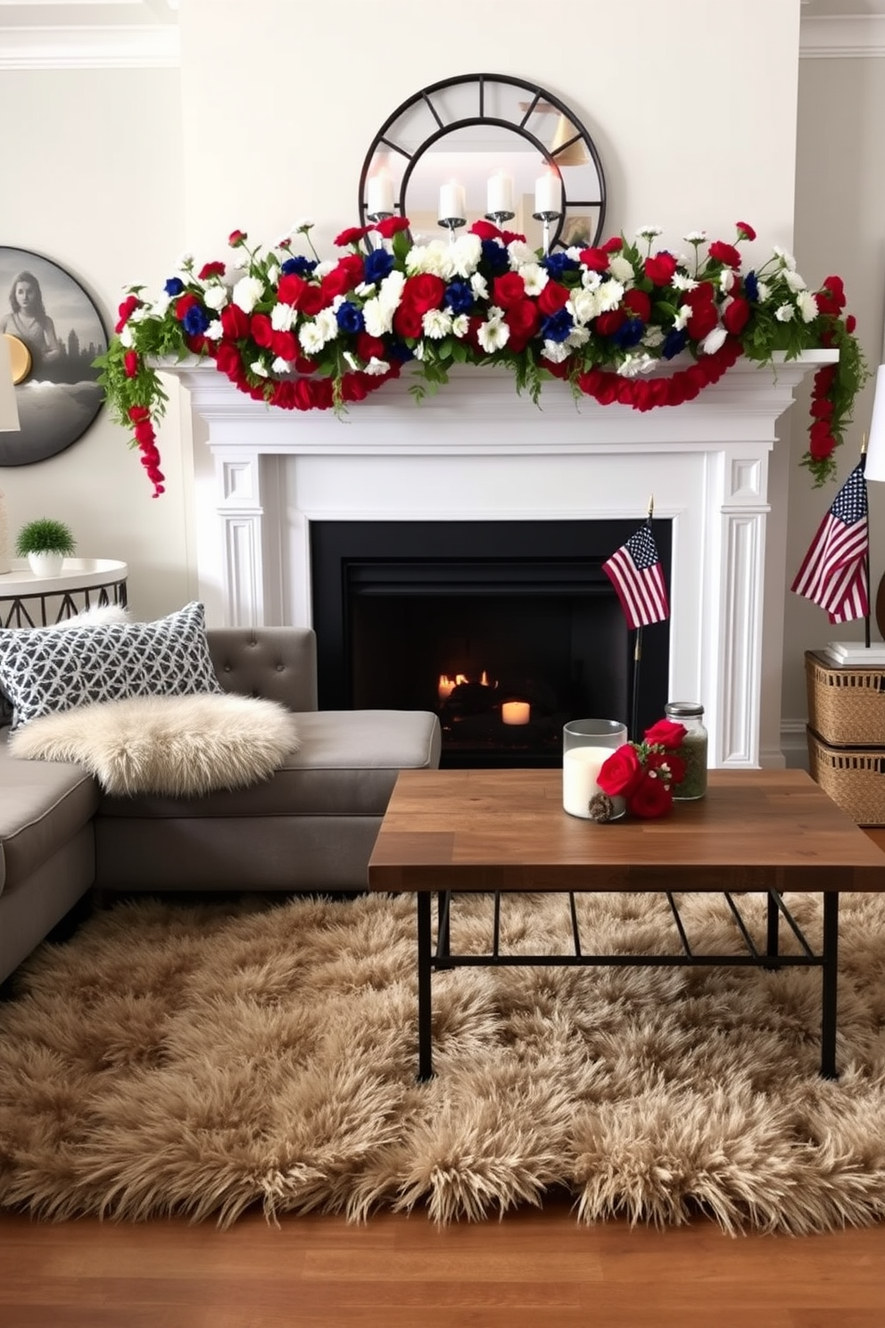 A cozy living room setting featuring faux fur accents. A plush faux fur throw drapes over a modern sectional sofa, while a textured faux fur rug lies beneath a rustic coffee table. The fireplace is elegantly decorated for Labor Day. A garland of red, white, and blue flowers adorns the mantel, complemented by candles in glass holders and small American flags.