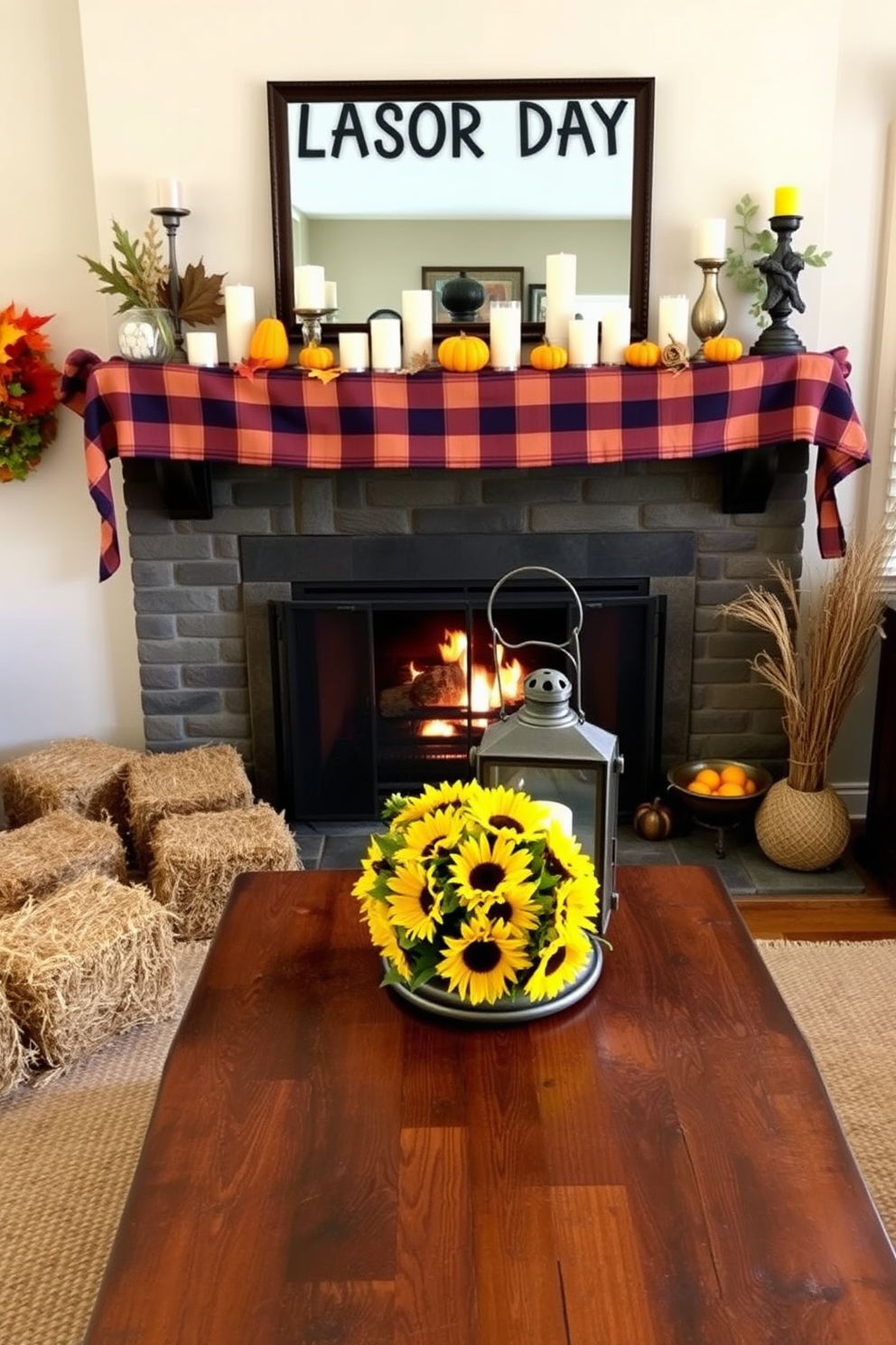 A cozy living room setting decorated for Labor Day. There are several miniature hay bales arranged around a warm, inviting fireplace, adorned with seasonal decorations like small pumpkins and autumn leaves. The mantel is draped with a plaid fabric and features a collection of candles in varying heights. A rustic wooden coffee table sits in front of the fireplace, topped with a centerpiece of sunflowers and a vintage lantern.