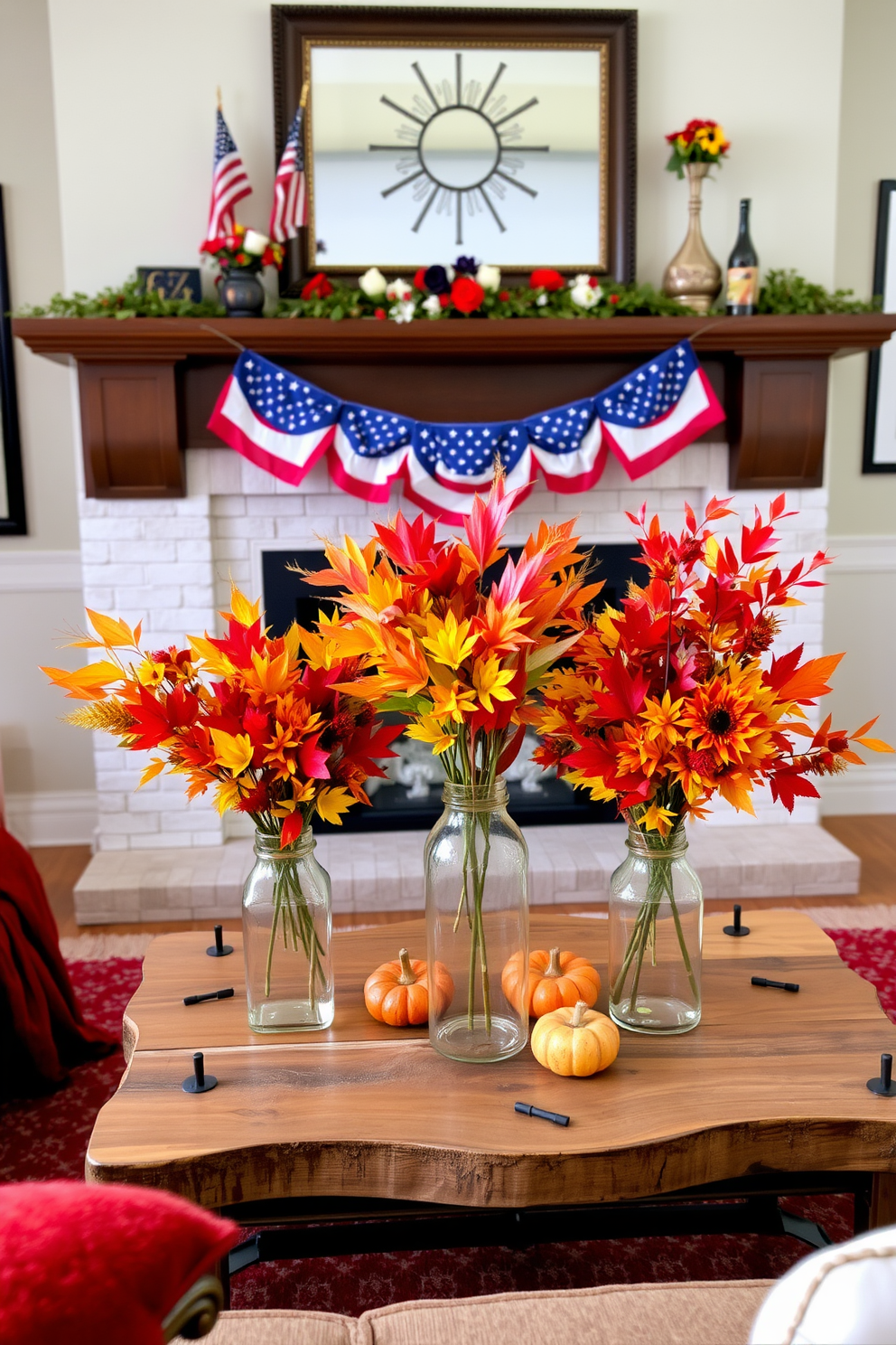 A cozy living room adorned with colorful fall foliage in vases. The vases are placed on a rustic wooden coffee table surrounded by plush seating. A charming fireplace decorated for Labor Day. The mantel is adorned with red, white, and blue accents, including small flags and seasonal flowers.