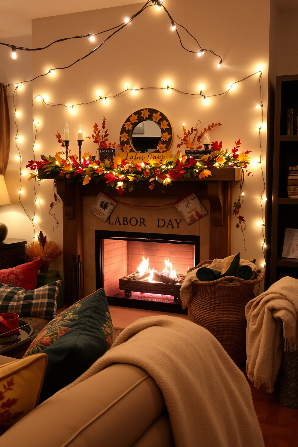 A cozy living room setting adorned with string lights that cast a warm glow across the space. The fireplace is elegantly decorated for Labor Day, featuring a rustic mantel adorned with seasonal decor and vibrant autumn leaves. The seating area includes a plush sofa with colorful throw pillows, inviting relaxation. A woven basket filled with blankets sits nearby, enhancing the inviting atmosphere of the room.