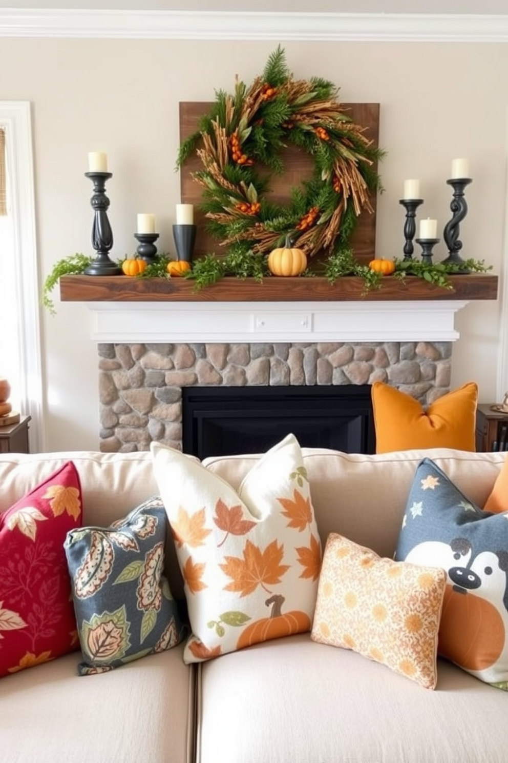 Seasonal throw pillows in vibrant colors and patterns are arranged on a cozy sectional sofa. The pillows feature themes of autumn with leaves and pumpkins, adding warmth to the living space. A beautifully designed fireplace is the focal point of the room, adorned with rustic mantel decorations. The mantel showcases a mix of candles, small pumpkins, and seasonal greenery to enhance the Labor Day celebration.