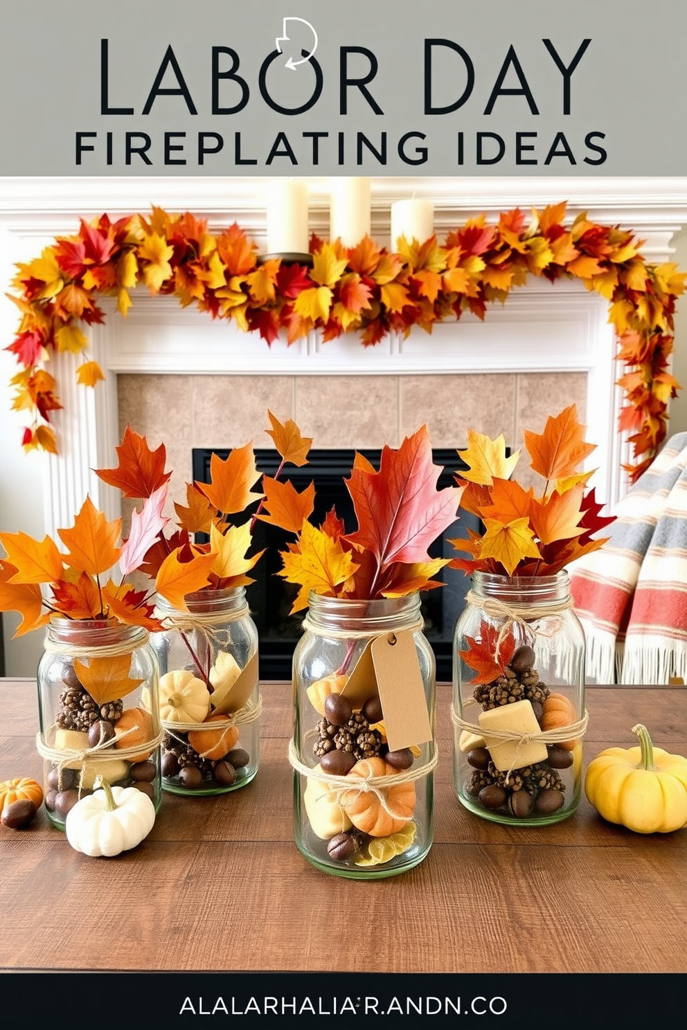 Create a symmetrical arrangement of decor for a cozy living room featuring a fireplace. On each side of the fireplace, place matching armchairs upholstered in a warm fabric with decorative throw pillows. Above the mantel, hang a large mirror framed in rustic wood flanked by two elegant sconces. Arrange seasonal decor items such as small pumpkins and candles in a balanced display on the mantel for a festive touch.