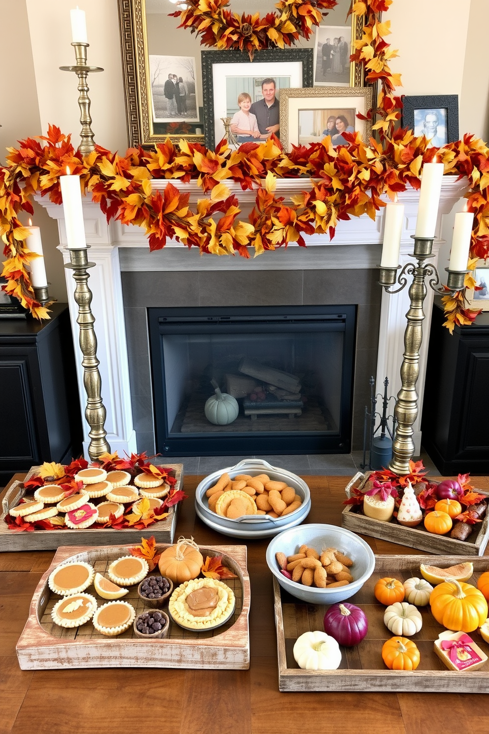 A collection of decorative trays arranged on a rustic wooden table, each filled with seasonal snacks like mini apple pies, pumpkin spice cookies, and fresh fruits. The trays are adorned with autumn leaves and small candles, creating a warm and inviting atmosphere for a Labor Day gathering. A cozy fireplace adorned with garlands of dried leaves and small pumpkins, flanked by two elegant candlesticks. The mantel features a mix of framed family photos and decorative elements that reflect the spirit of the season, inviting guests to relax and enjoy the festive ambiance.