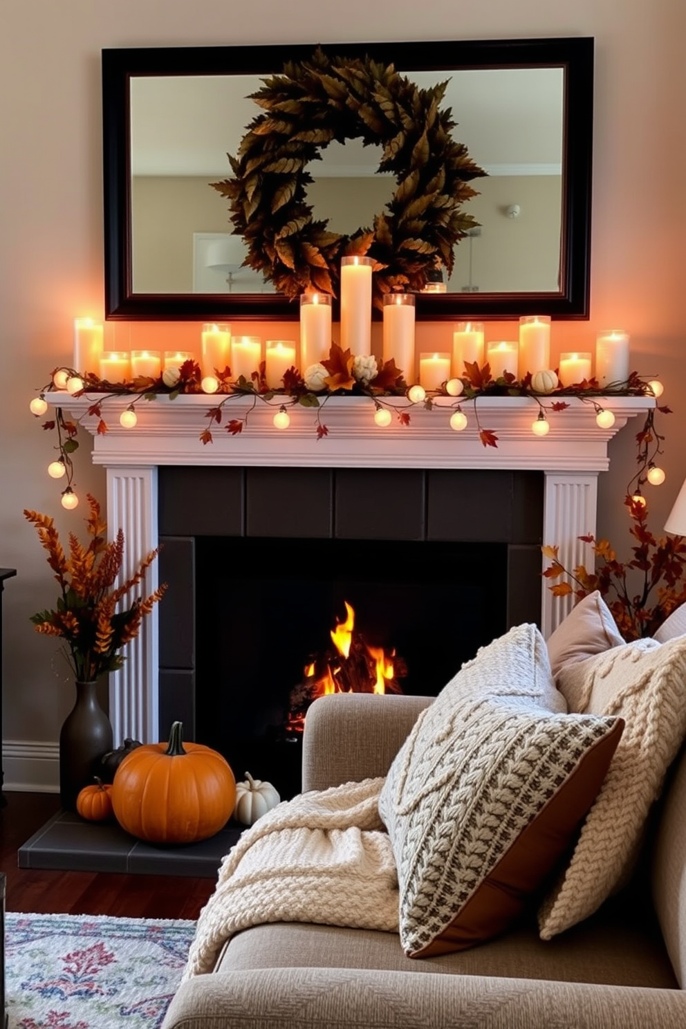 A cozy living room setting featuring a beautifully decorated fireplace. The mantel is adorned with an array of fragrant candles in autumn scents, creating an inviting atmosphere. Soft blankets and plush pillows are arranged on a comfortable sofa nearby. Seasonal decor elements like pumpkins and autumn leaves complement the warm tones of the fireplace.