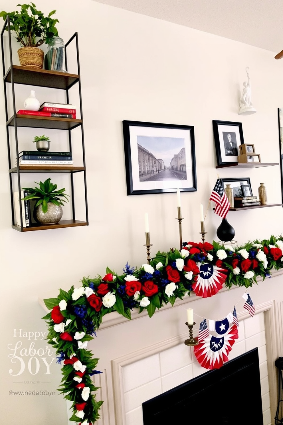 A cozy living room adorned for Labor Day celebrations. The fireplace is elegantly decorated with a garland of autumn leaves and small flags, while a collection of candles in varying heights adds warmth to the space. In the corners, potted plants bring a refreshing touch of greenery, enhancing the inviting atmosphere. Soft throw pillows in red, white, and blue patterns are arranged on the sofa, creating a festive yet comfortable setting.