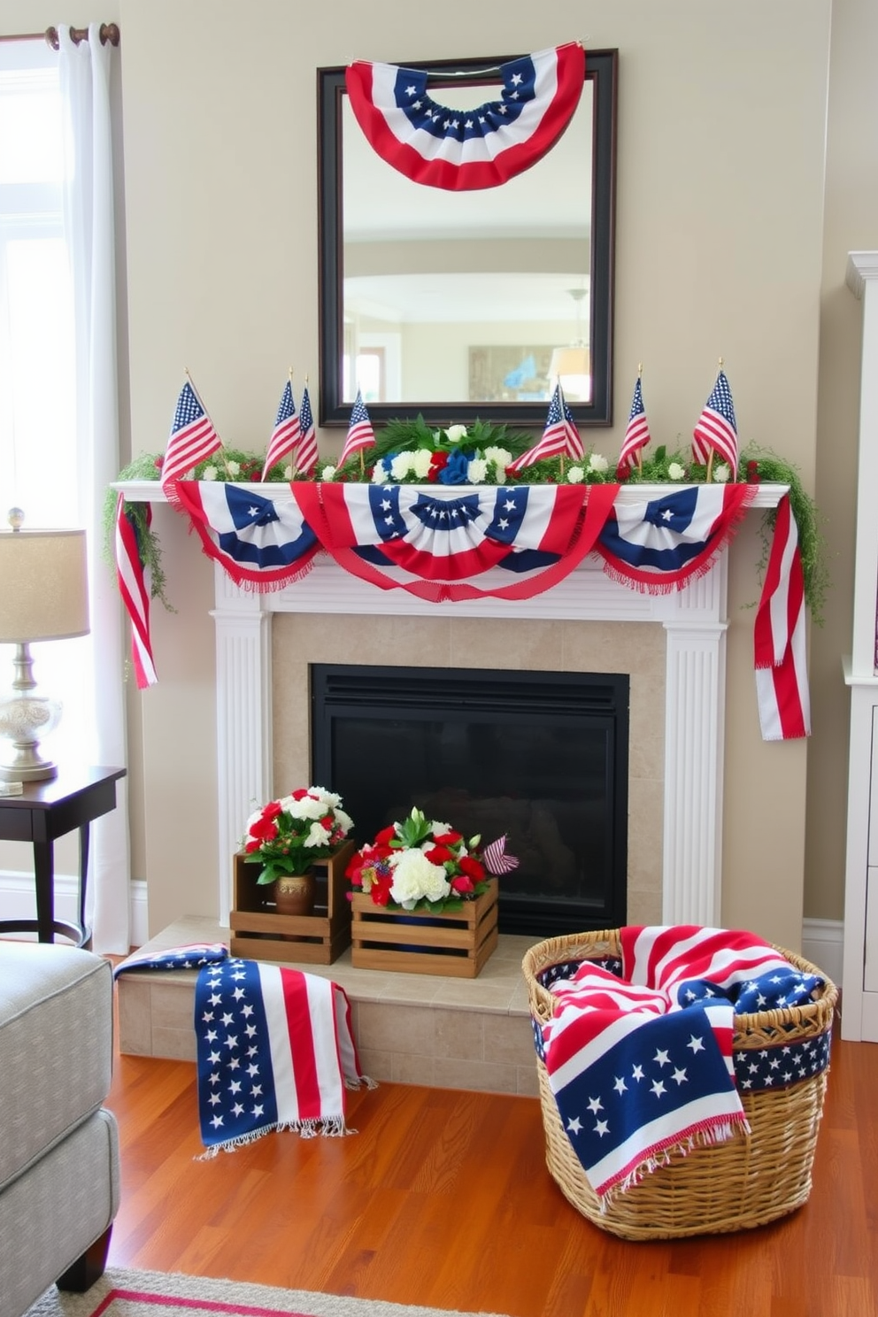 A cozy living room adorned with patriotic themed decor for Labor Day. The focal point is a beautifully arranged fireplace, decorated with small American flags and red, white, and blue bunting draped elegantly across the mantel. On the hearth, there are rustic wooden crates filled with seasonal flowers in patriotic colors. A woven basket sits nearby, holding cozy blankets featuring stars and stripes, inviting guests to relax and enjoy the festive atmosphere.