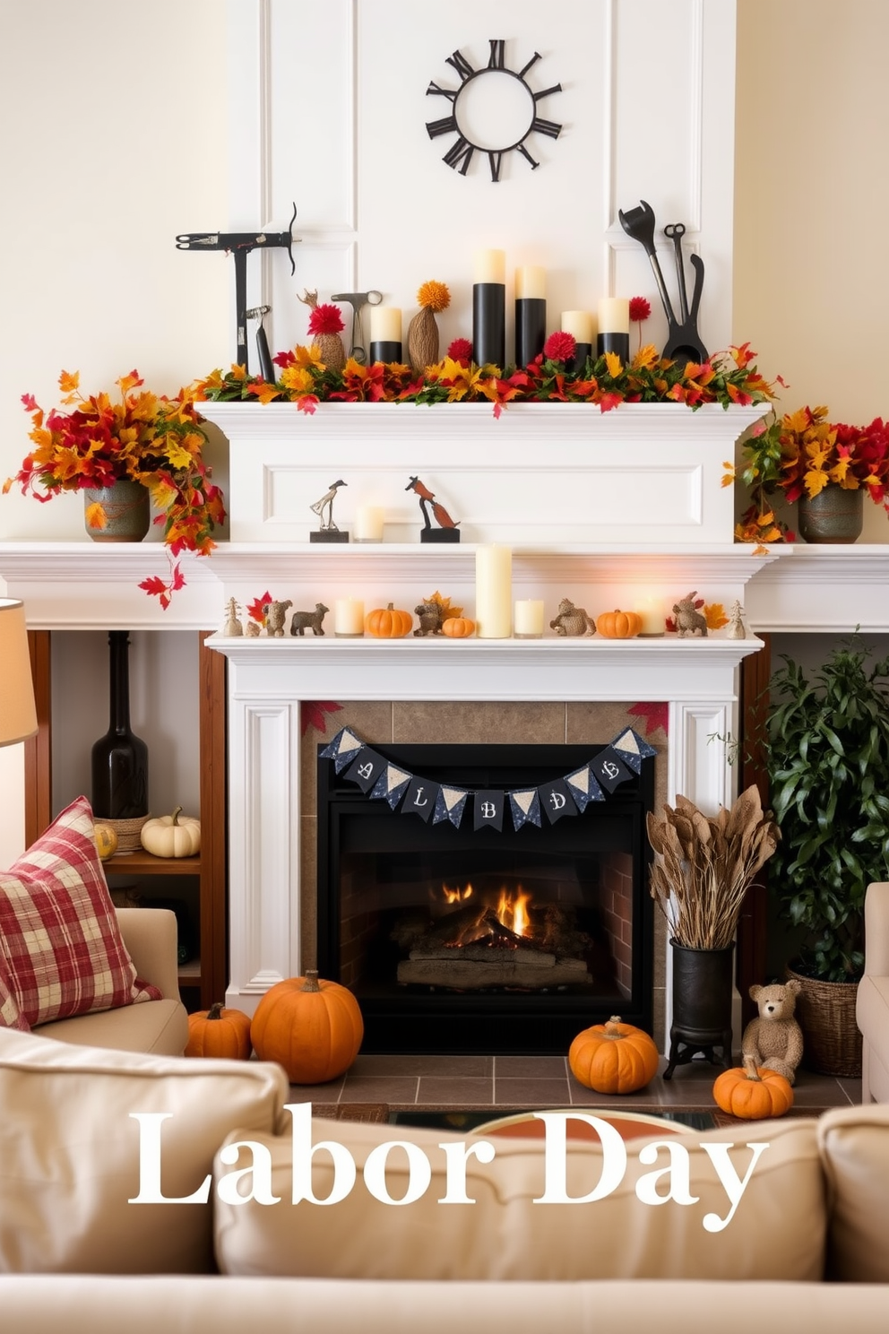 A cozy living room adorned with seasonal figurines that capture the spirit of Labor Day. The fireplace is elegantly decorated with rustic elements such as miniature tool figurines and vibrant autumn leaves. The mantel features a warm arrangement of candles and small pumpkins, creating a festive yet inviting atmosphere. Surrounding the fireplace, comfortable seating is arranged to encourage gatherings and celebration.