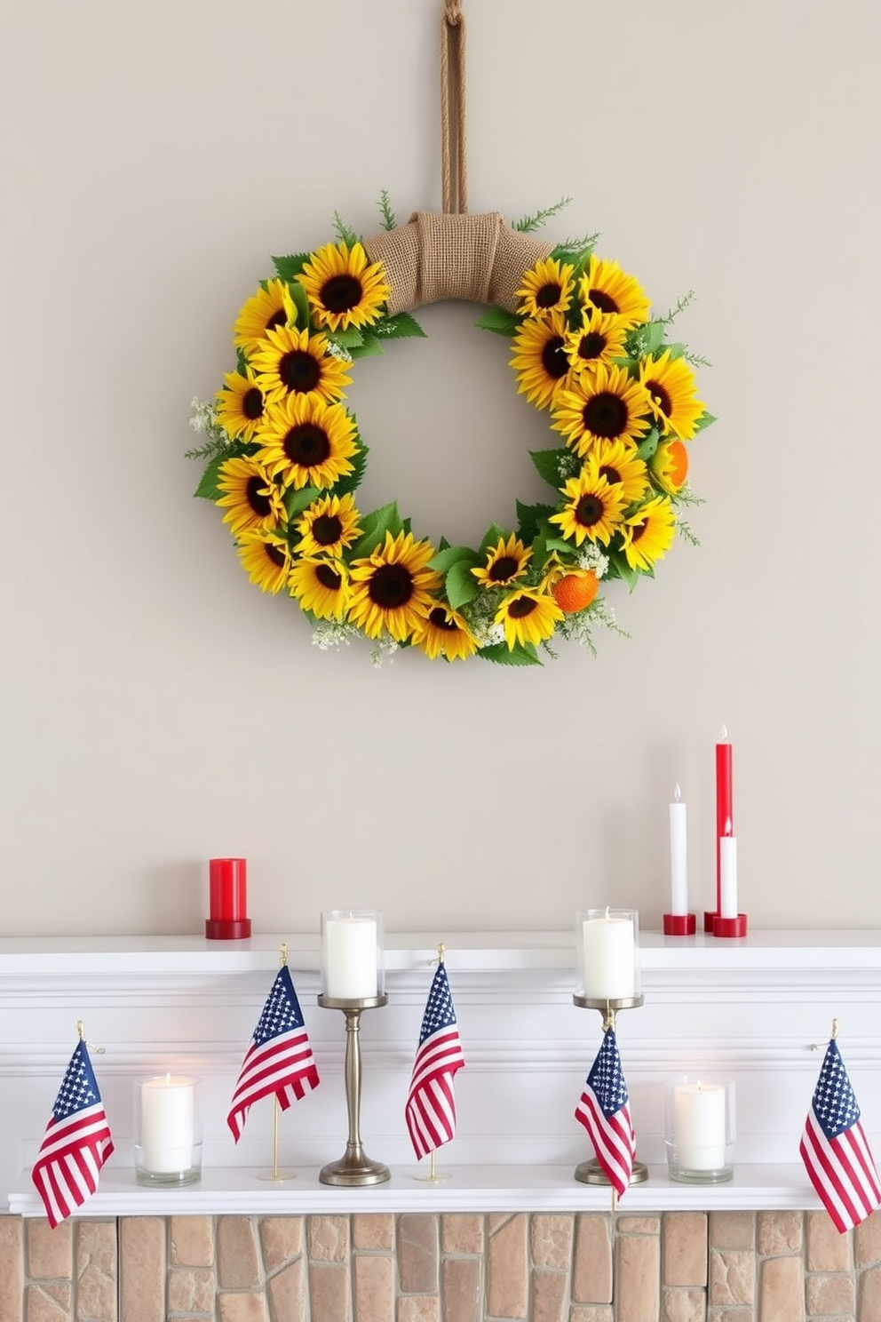 A vibrant seasonal wreath adorned with sunflowers and rustic burlap is hung above the fireplace. The fireplace is decorated with small American flags and candles in red, white, and blue hues to celebrate Labor Day.