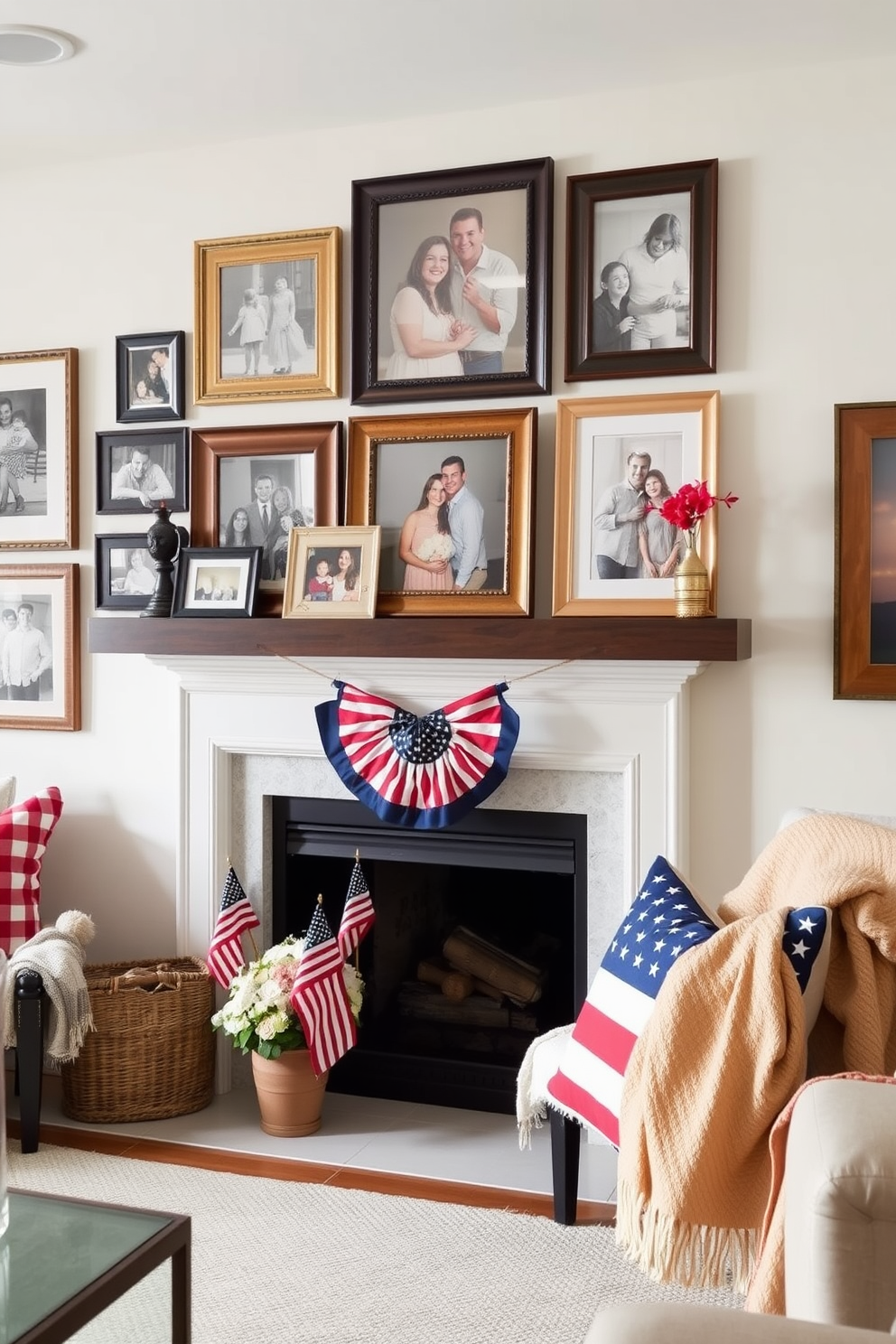 Layered frames adorned with cherished family photos create a warm and inviting atmosphere in the living room. The frames vary in size and finish, arranged artfully on a feature wall to showcase treasured memories. For Labor Day, the fireplace is decorated with a rustic theme, featuring small American flags and seasonal flowers. Cozy blankets and pillows in red, white, and blue hues are draped nearby, enhancing the festive spirit.