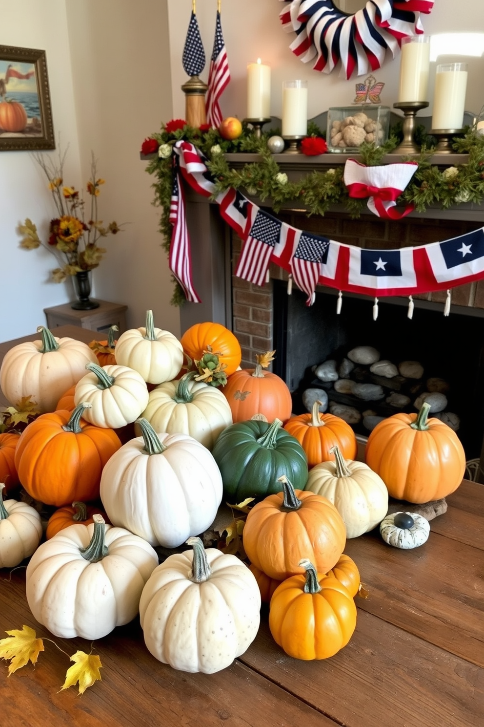 A charming autumn scene featuring colorful pumpkins in varied sizes scattered across a rustic wooden table. The pumpkins are in shades of orange, white, and green, complemented by autumn leaves and small gourds, creating a festive atmosphere. A cozy fireplace adorned with seasonal decorations for Labor Day. The mantel is draped with a garland of red, white, and blue, and small American flags are placed alongside candles and decorative stones, evoking a sense of celebration and warmth.