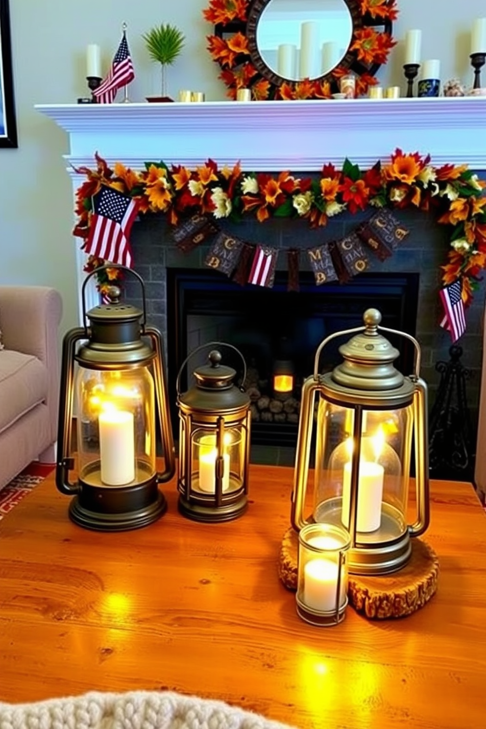 A cozy living room setting featuring vintage lanterns that emit a warm, soft glow. The lanterns are placed on a rustic wooden coffee table surrounded by plush seating. A beautifully decorated fireplace adorned with seasonal Labor Day decorations. The mantel is embellished with small American flags, autumn leaves, and candles, creating a festive atmosphere.