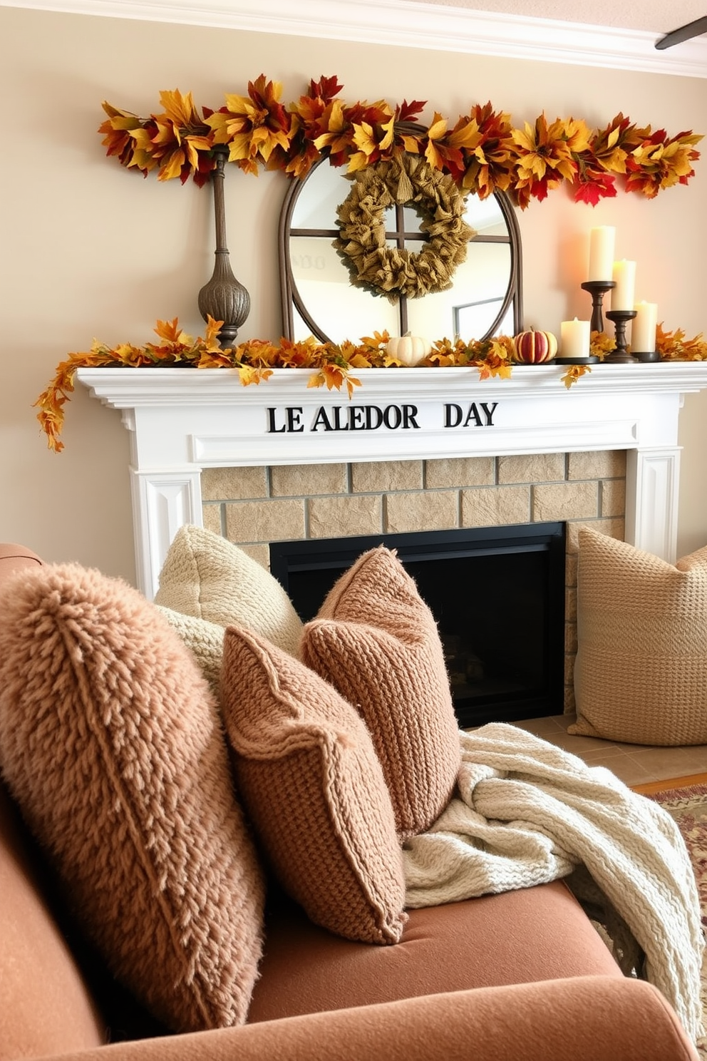 Textured fabrics in warm tones create a cozy and inviting atmosphere in the living room. Plush throw pillows and a soft knitted blanket adorn a deep-seated sofa, inviting relaxation and comfort. For Labor Day, the fireplace is adorned with seasonal decorations that celebrate the holiday. A garland of autumn leaves and small pumpkins frames the mantel, while candles in varying heights add a warm glow to the space.