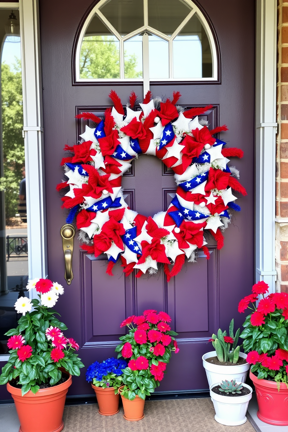 A front door adorned with a large patriotic wreath featuring vibrant red white and blue colors. The wreath is embellished with stars and stripes and surrounded by potted plants in complementary colors to enhance the festive atmosphere.