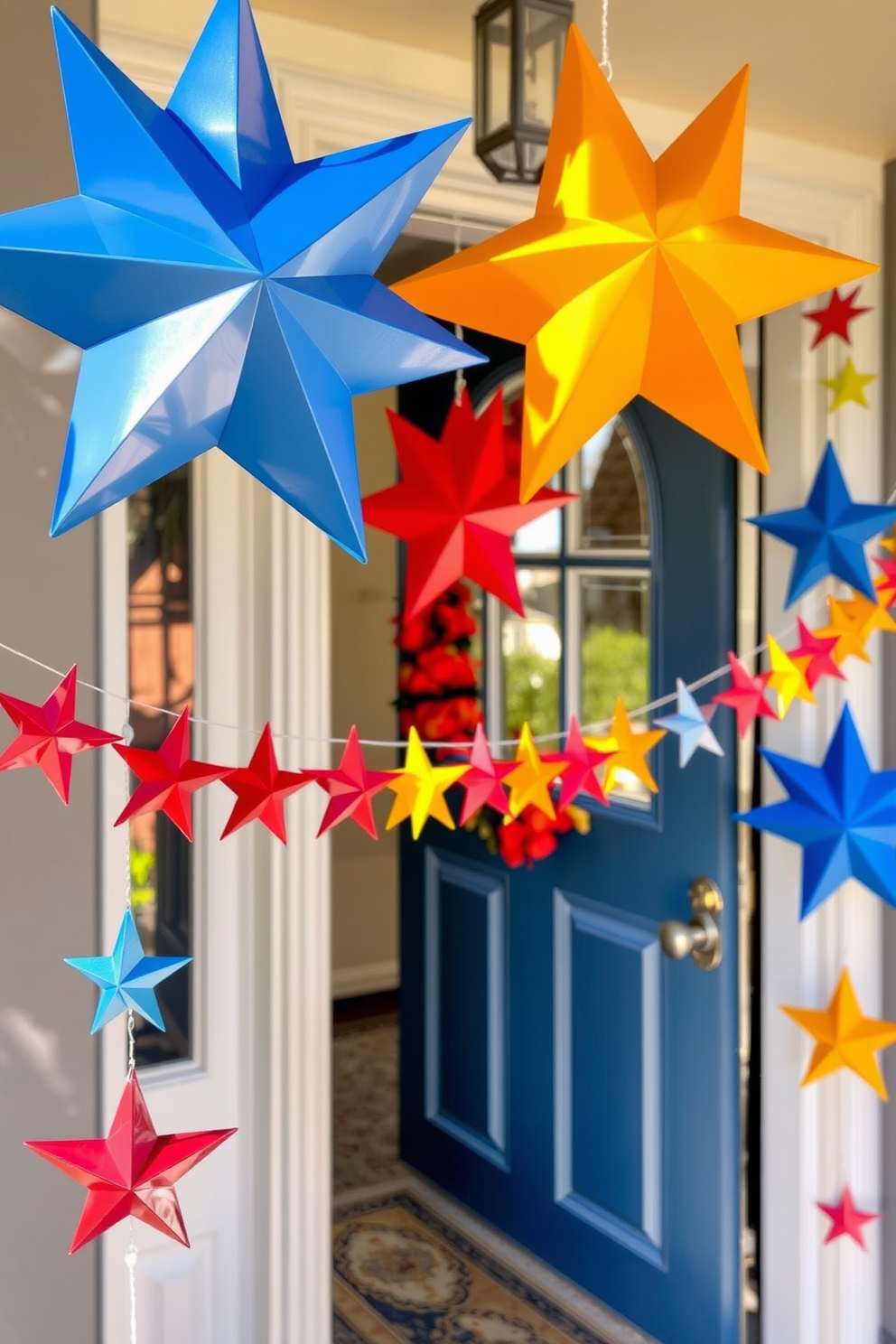 A charming front door adorned with hanging star garlands in vibrant colors. The stars twinkle gently in the sunlight, creating a festive atmosphere for Labor Day celebrations.